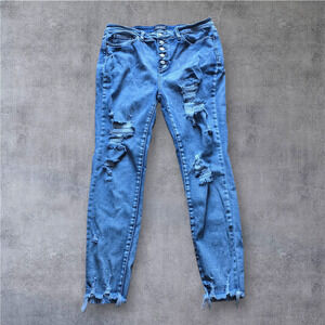 Judy Blue Women's Button Fly Skinny Fit Distressed Raw Hem Jeans, Size 13